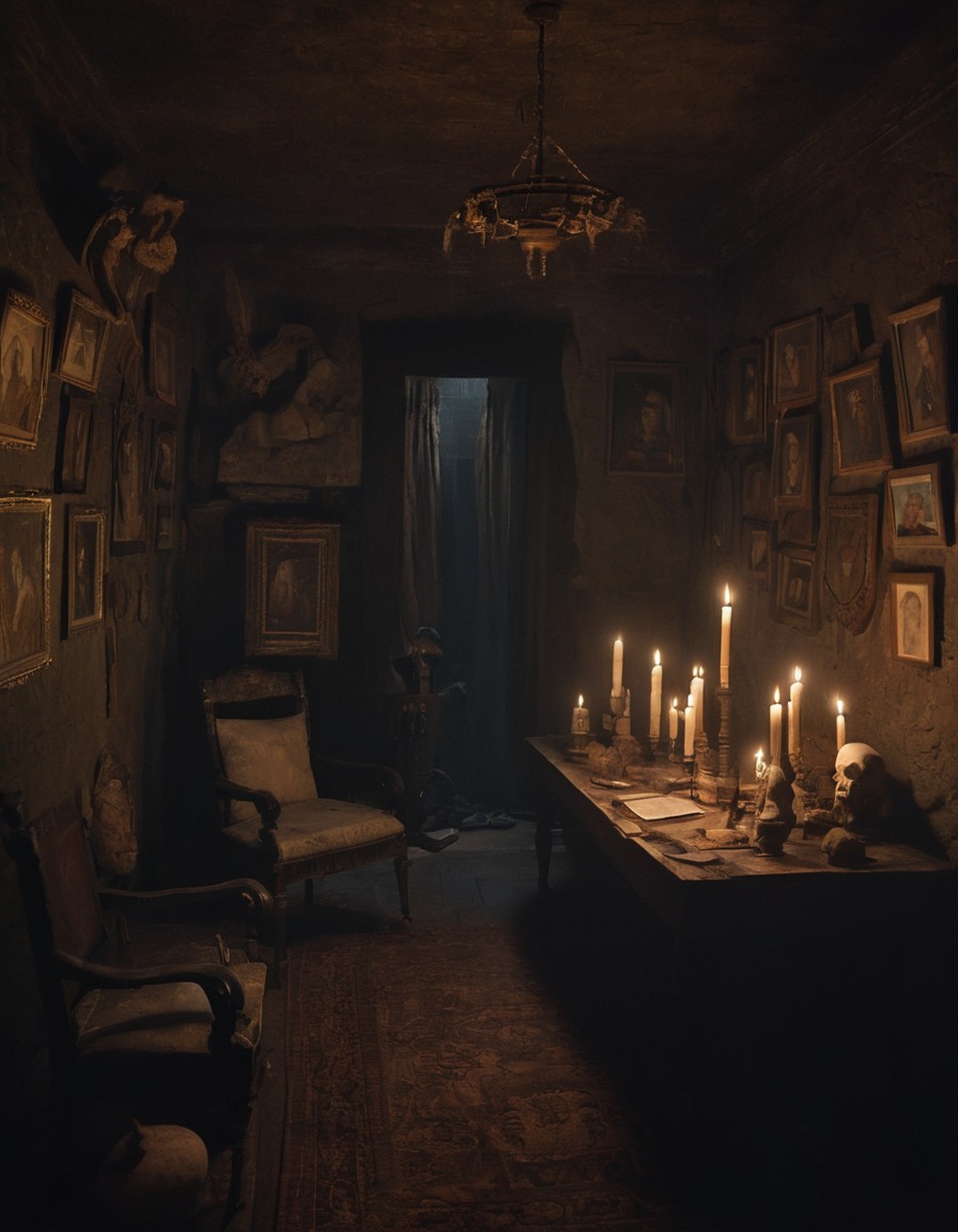 candlelit room, ancient artifacts, eerie portraits, spooky atmosphere, gothic, underground, dark