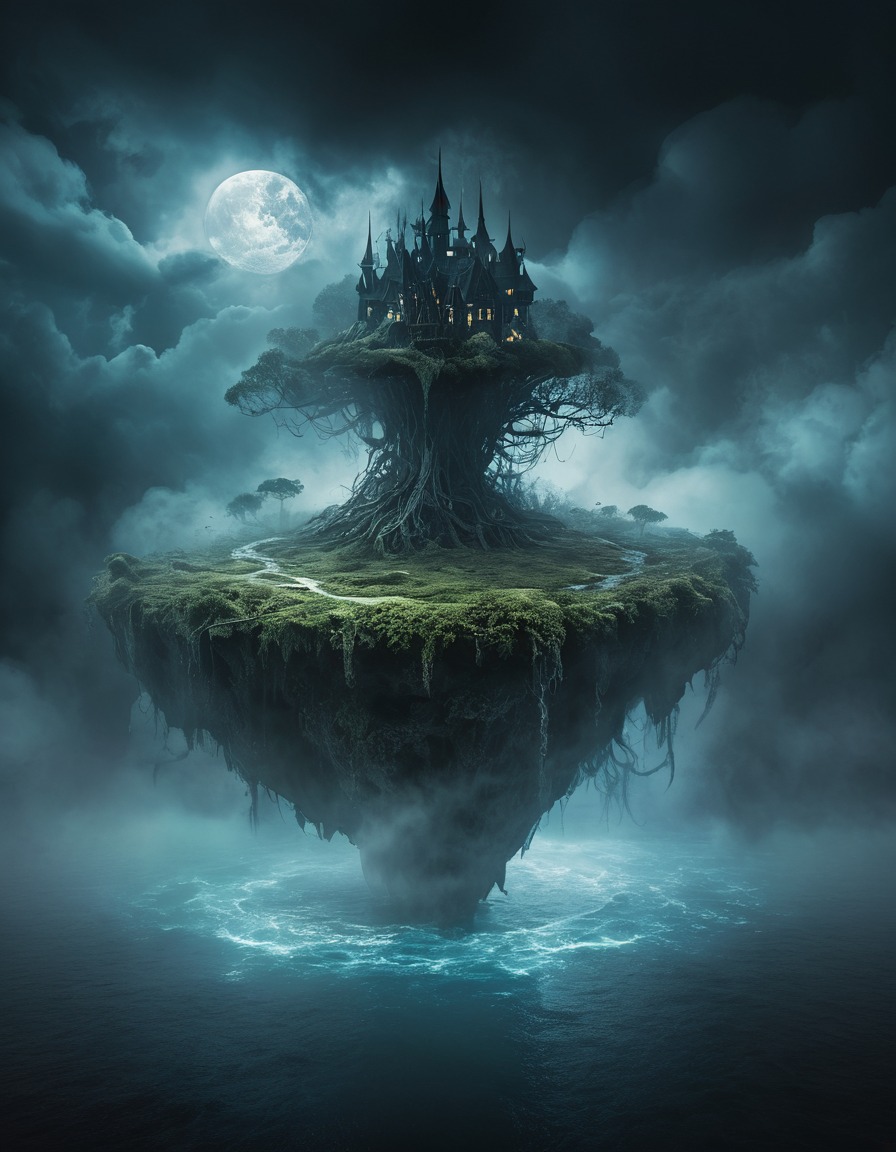 mystical, floating island, swirling mists, atmospheric, fantasy landscape