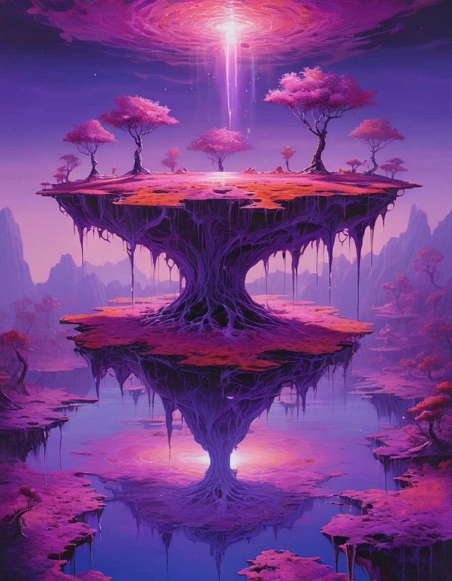 floating islands, upside-down trees, glowing lakes, fantasy landscape, surreal, magical, dreamlike