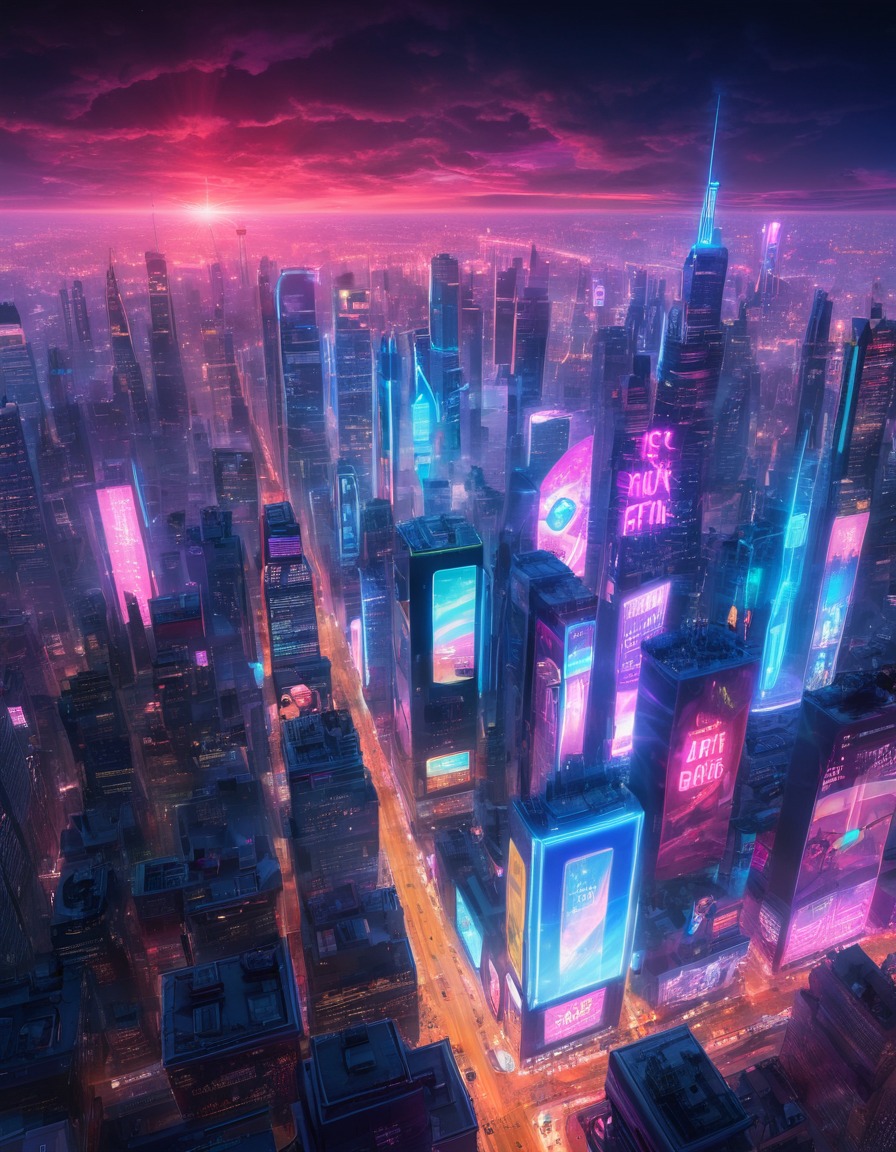 neon lights, holographic advertisements, city skyline, advanced technology, futuristic, future