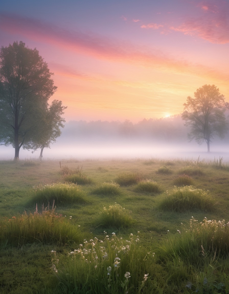 fog, meadow, dawn, nature