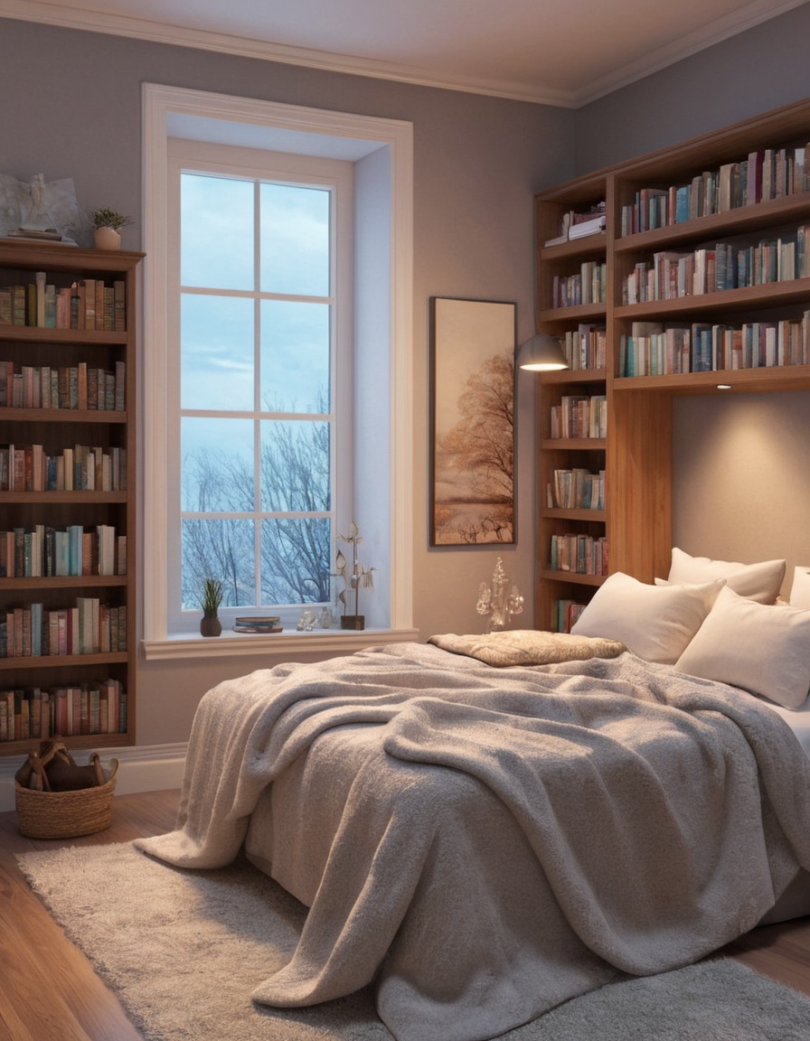 bedroom, peaceful, soft blankets, bookshelf, favorite reads, home, interior