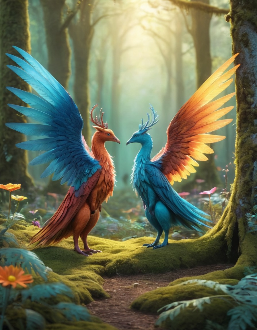 fantasy, mystical, creatures, forest, wings, colorful, fantastic