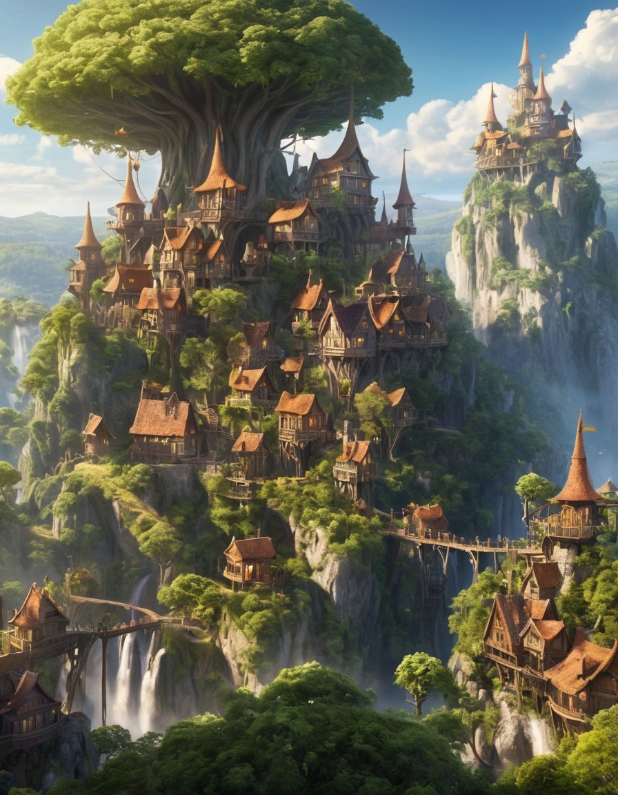 elves, village, treetops, fantasy, high living, magical community, nature