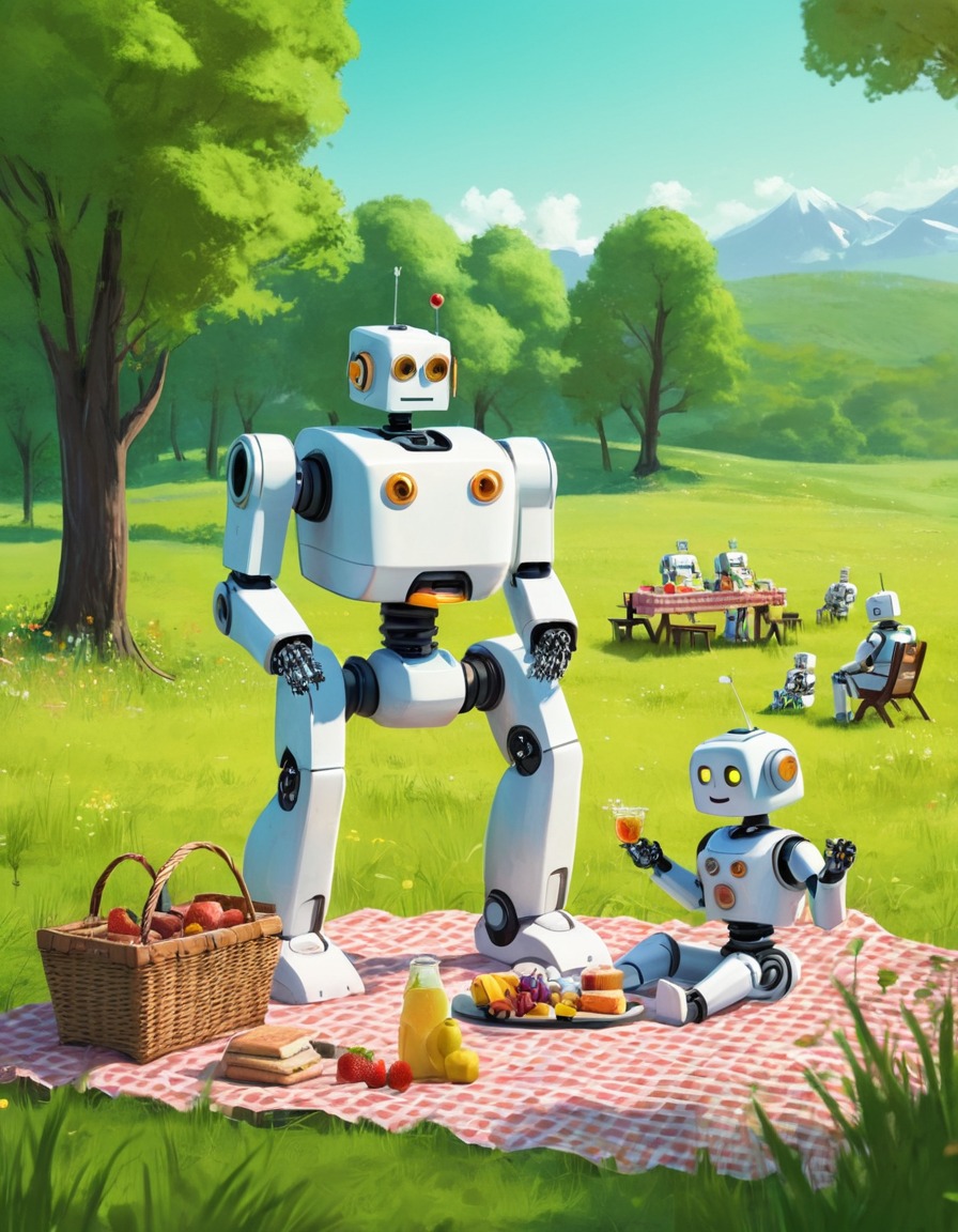 robot, family, picnic, lush green meadow, technology, robots