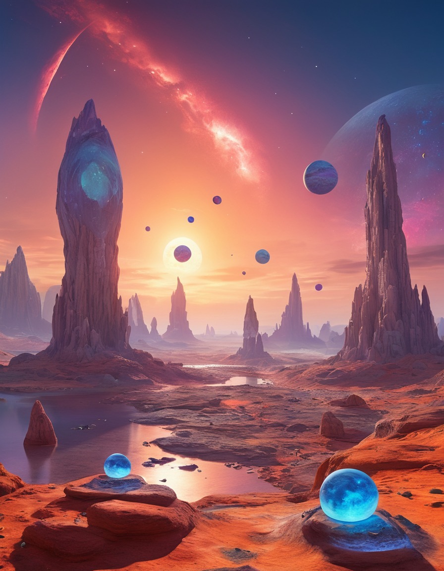 alien planet, surreal landscape, floating rocks, multiple moons, extraterrestrial, aliens