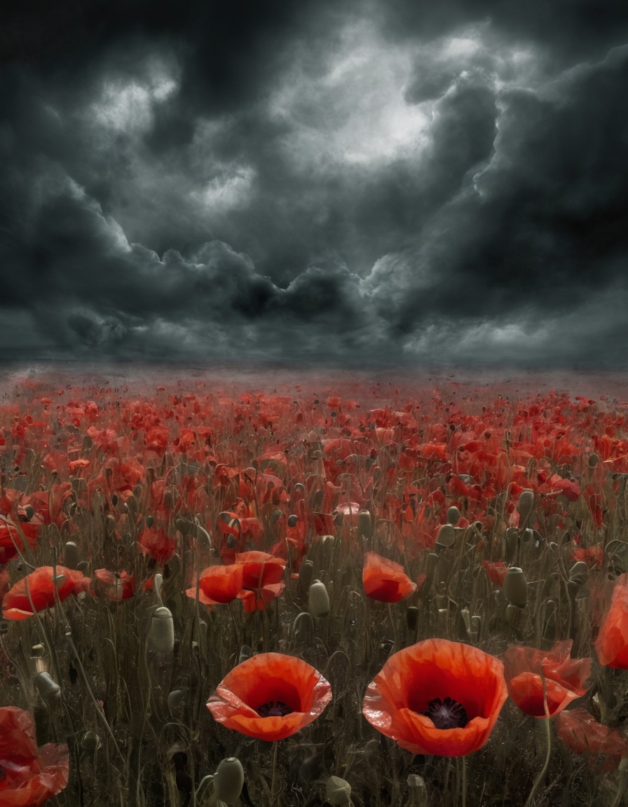 field of poppies, dreamlike, mystical, vapors, nature, fantasy, enchantment