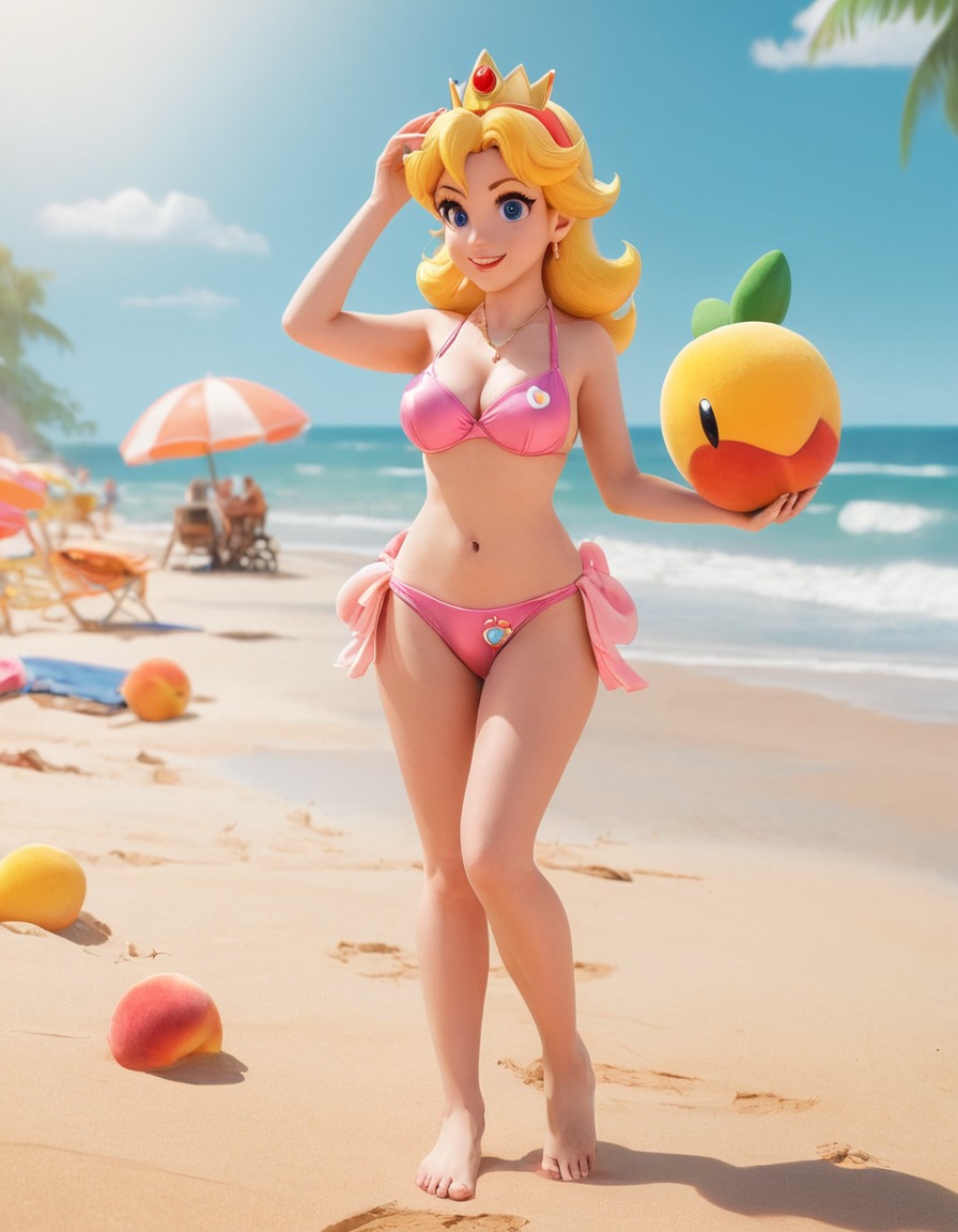 video games, super mario bros, princess peach, beach, bikini, games, girls from games