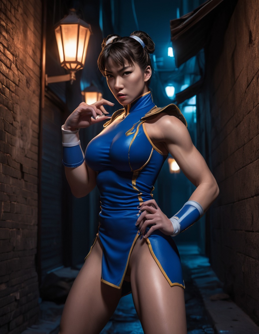 chun-li, street fighter, video game, character, alleyway, streetlight, mysterious, games, dark