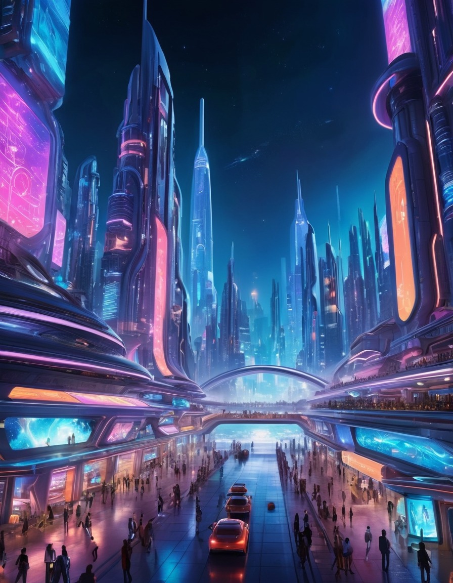 futuristic, space city, neon lights, activity, space scene