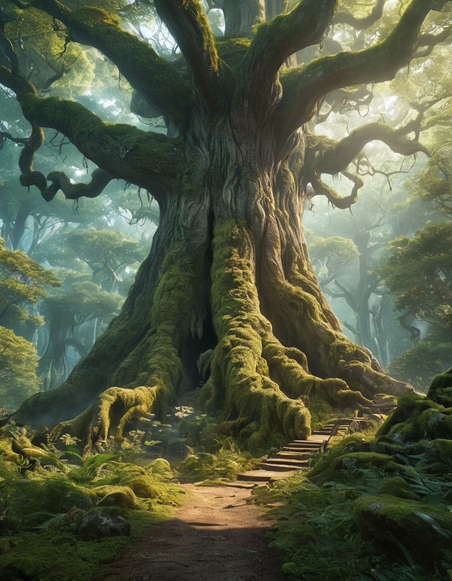 ancient forest, towering trees, tree spirits, magical creatures, fantastic