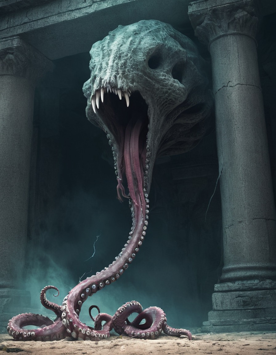 creature, tentacles, writhing, mouth, forgotten temple, lovecraft, howard lovecraft