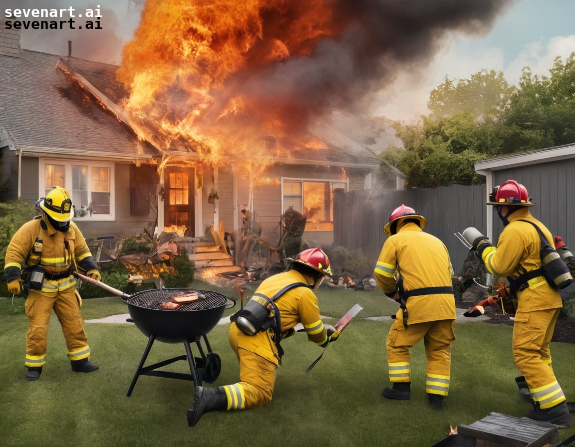 firefighting, barbecue, backyard, humor, accident, fun, people