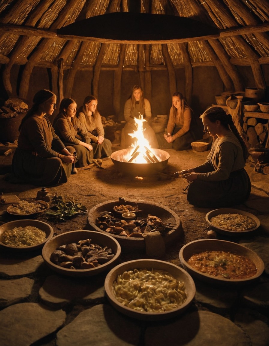 ancient women, viking longhouse, communal meal preparation, hearth, 900 ad