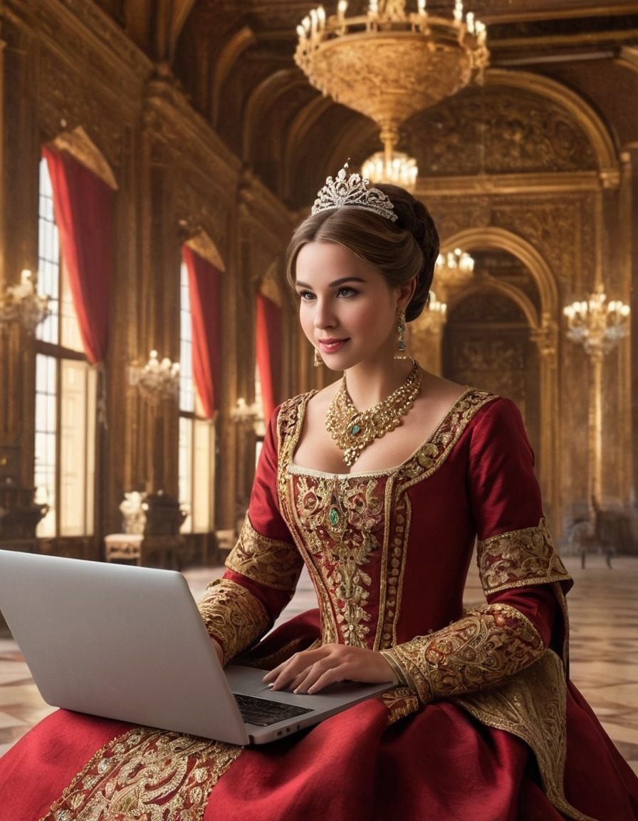 noblewoman, traditional dress, laptop, grand hall, medieval, art