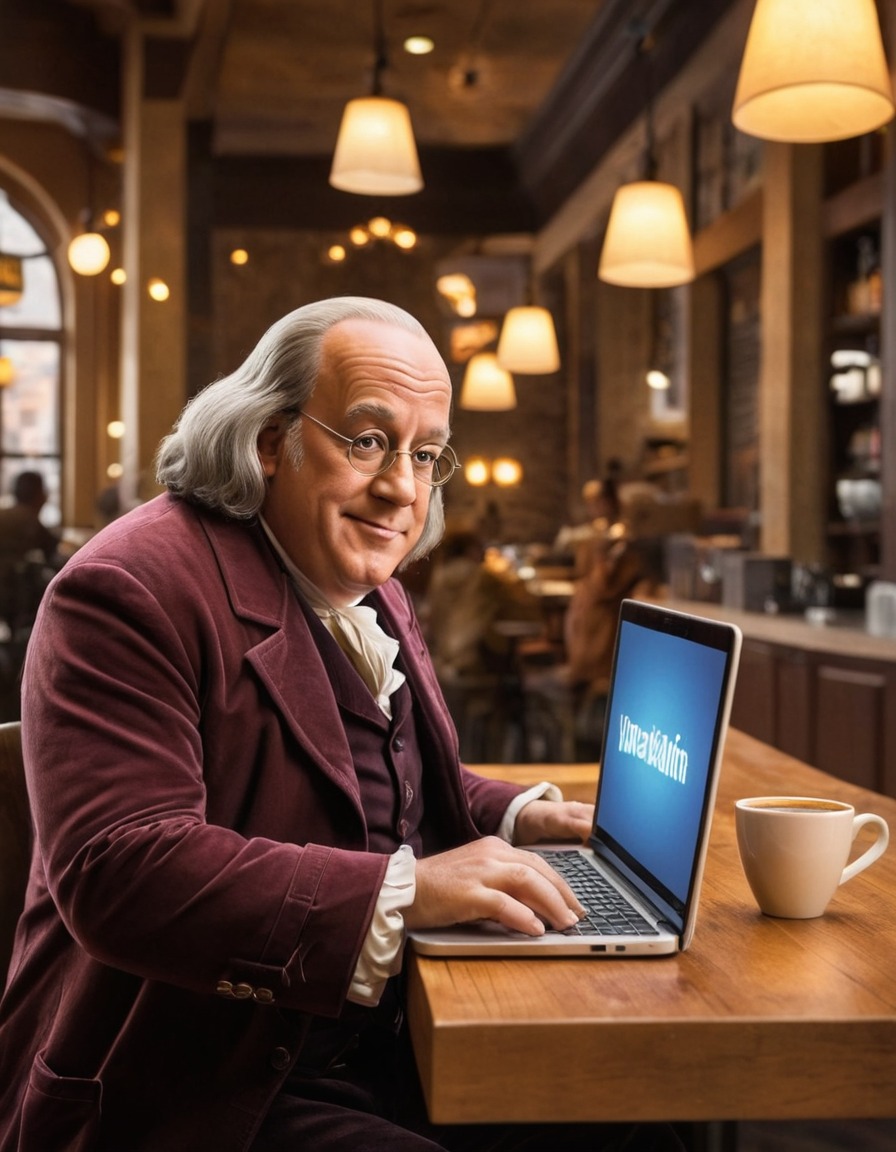 benjamin franklin, laptop, coffee shop, historical figure, technology, work, multitasking