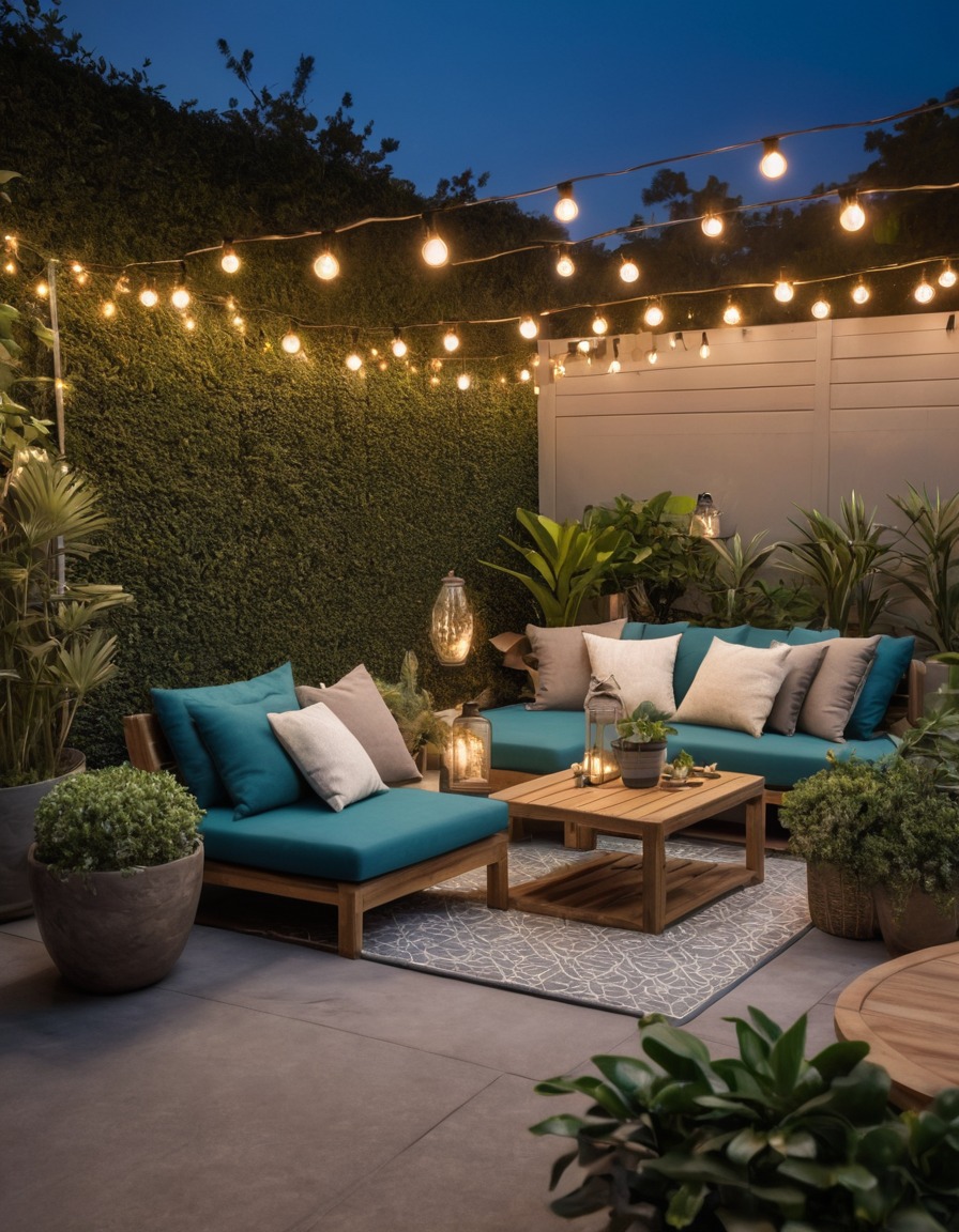 patio, outdoor, string lights, seating, potted plants, home, interior