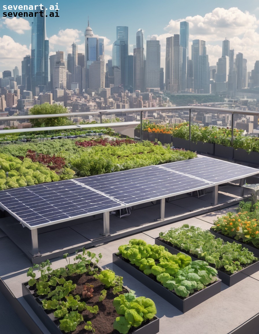 urban farming, rooftop garden, sustainability, city skyline, solar panels, modern city, city