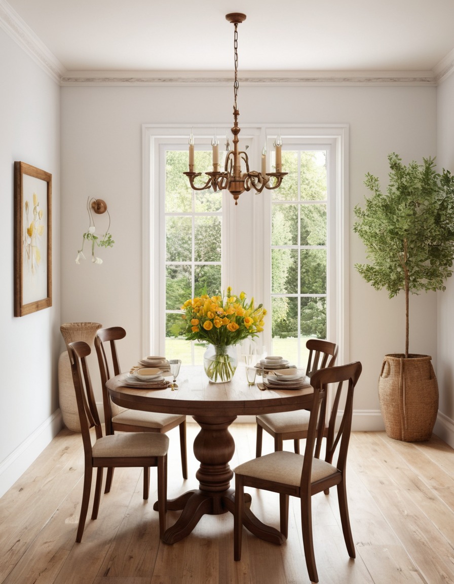 dining area, wooden table, homemade meal, fresh flowers, home, interior