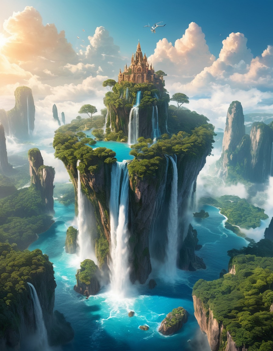 floating island, sky, waterfalls, fantasy, scenery, nature, aerial view