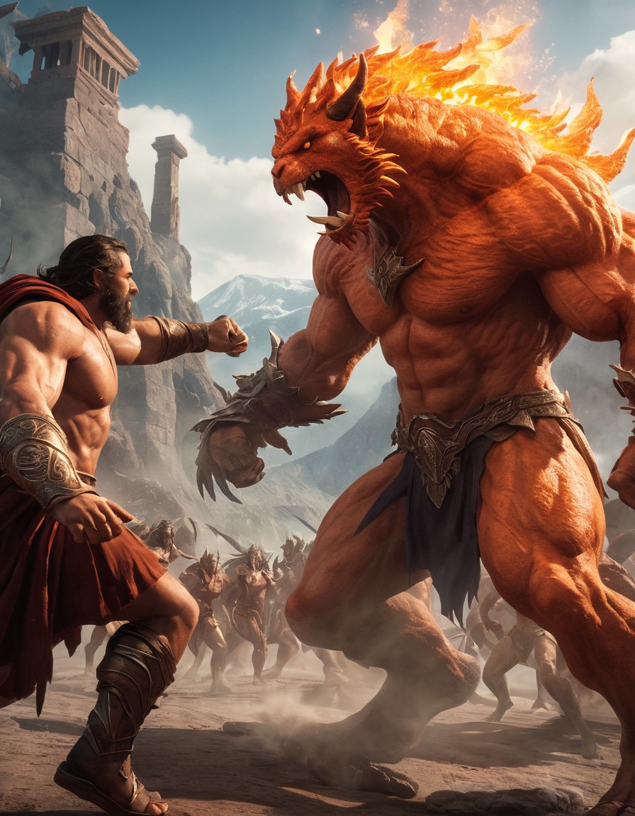 hephaestus, epic, fight scene, monsters, greek mythology, mythological creatures