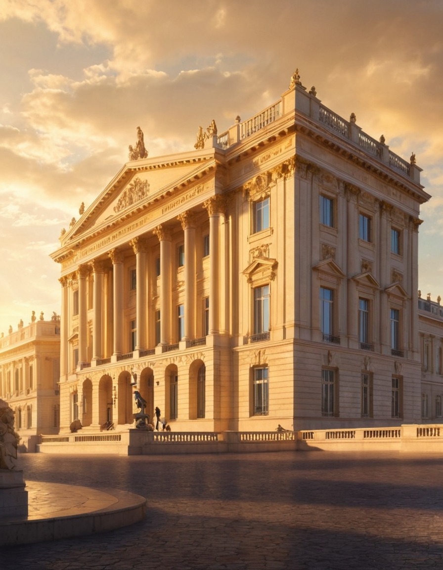 neoclassical, architecture, golden sunlight, grandeur