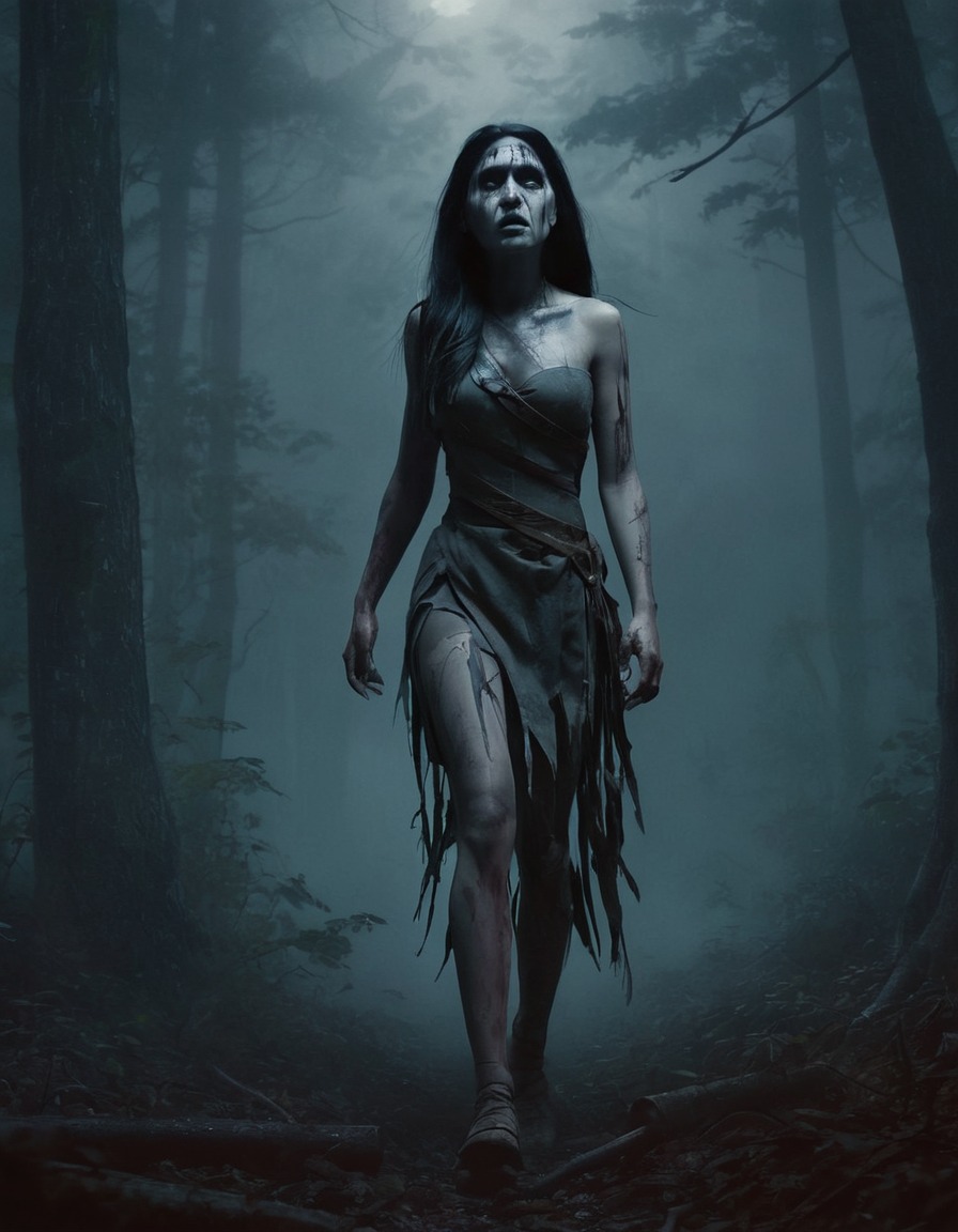 pocahontas, zombie, forest, misty, haunting shadows