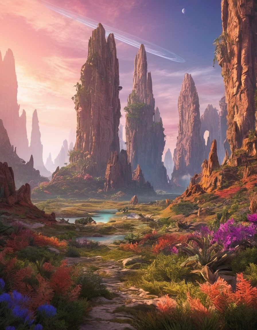 alien landscape, rock formations, vibrant plants, extraterrestrial environment, extraterrestrial, aliens