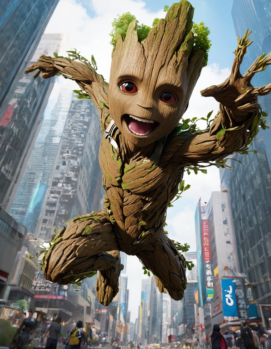 groot, superhero, flying, cityscape, adventure, anime, marvel