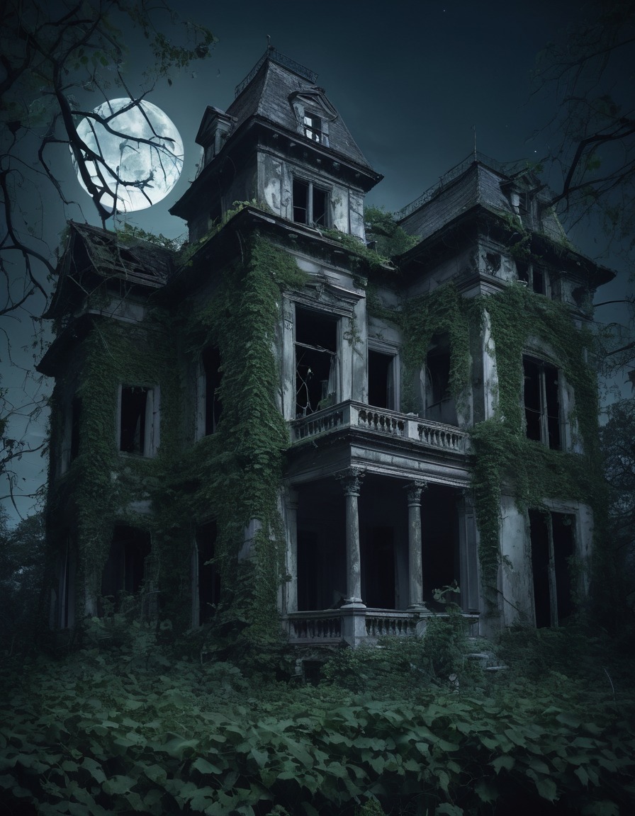 haunted house, old mansion, decrepit building, spooky, moonlight, gothic, underground, dark