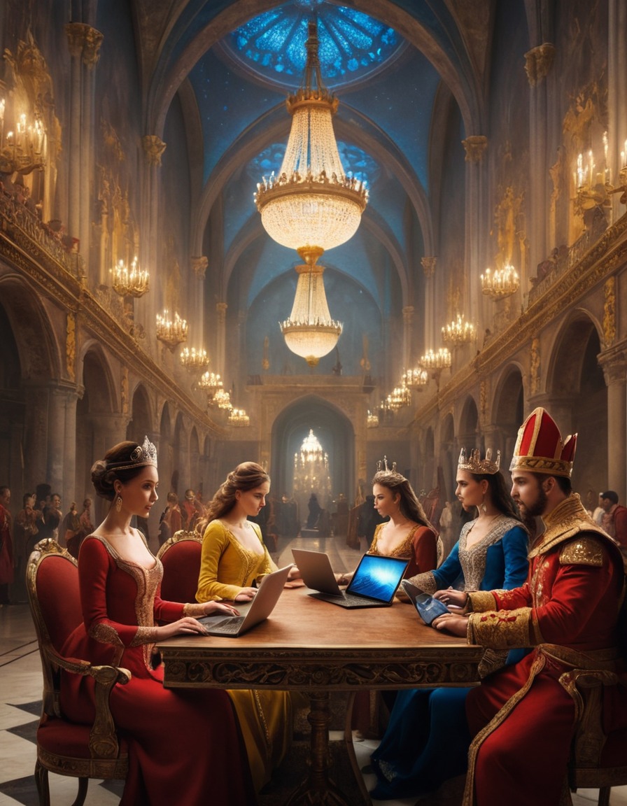 royal court, technology, laptops, tablets, medieval, art