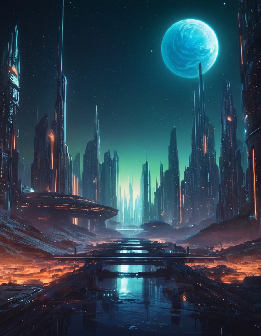 futuristic, cityscape, distant planet, stars, sci-fi, space