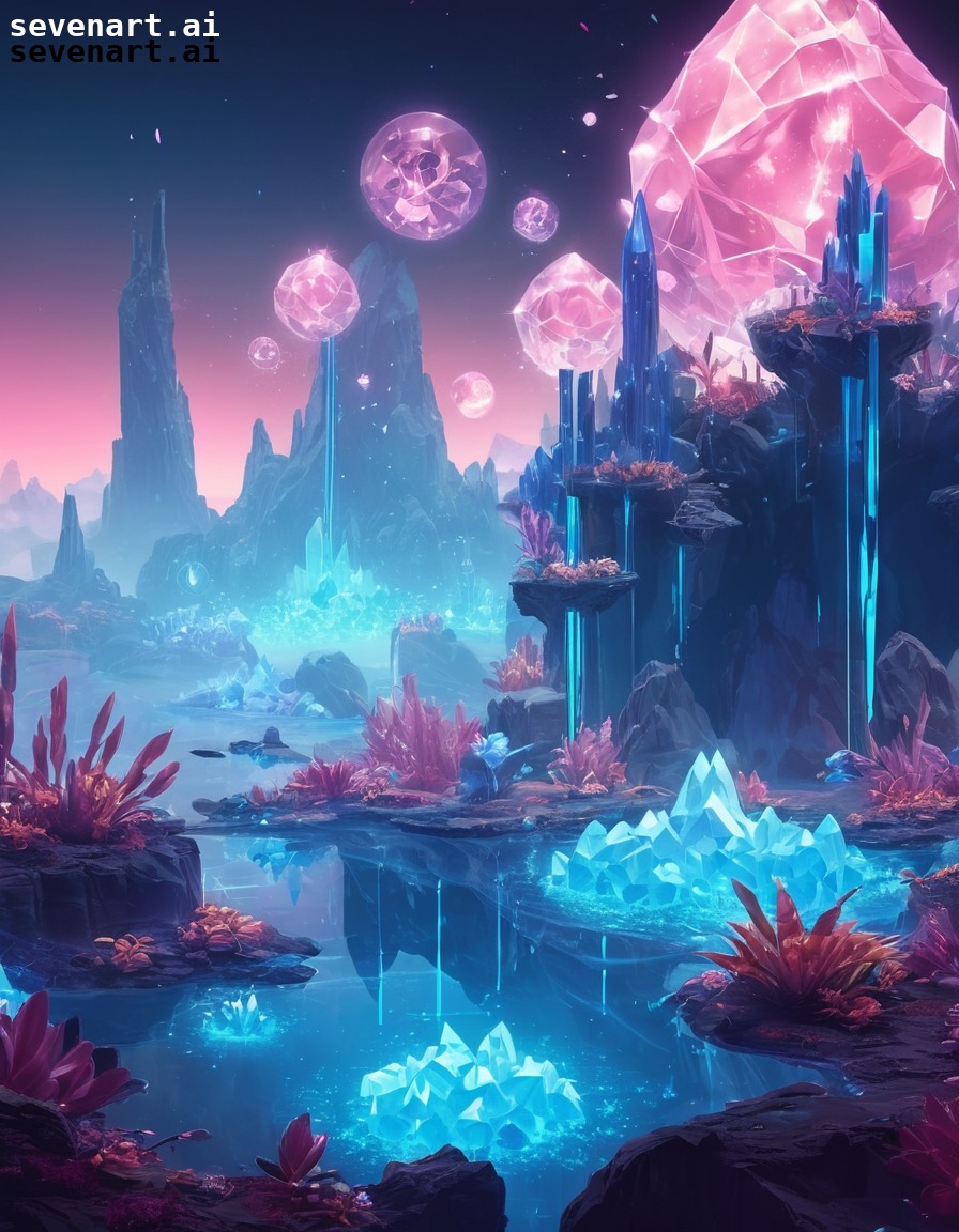 surreal, space, floating islands, crystals, glowing plants, stars