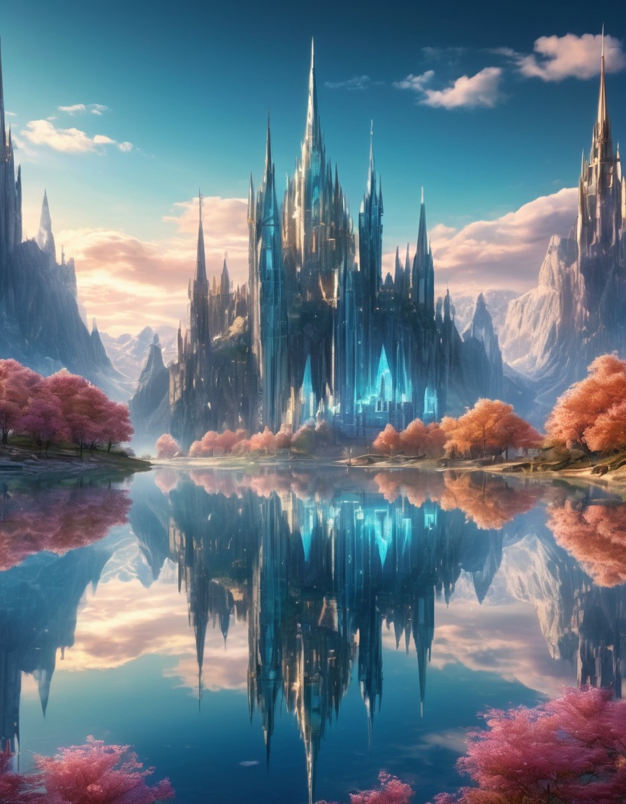 mirrored lake, city, crystal spires, reflection, fantasy, scenic view, serene