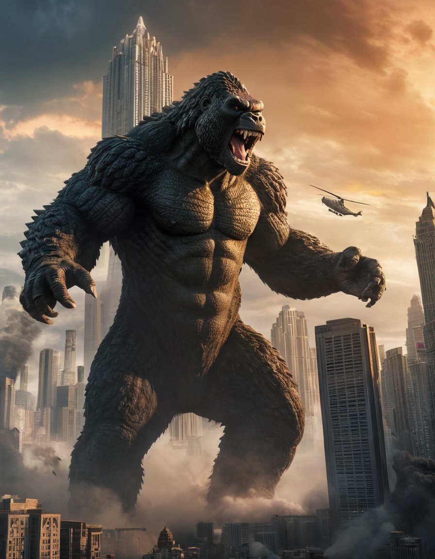 godzilla, king kong, skyscrapers, monster battle, kong