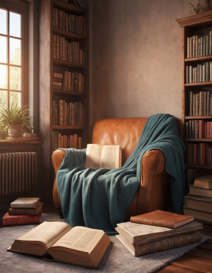 reading corner, books, blanket, cozy, home, interior