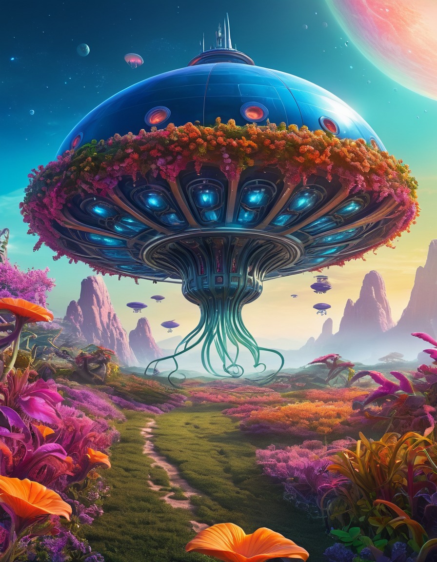 alien plants, spacecraft, hovering, tentacle-like vines, extraterrestrial, aliens