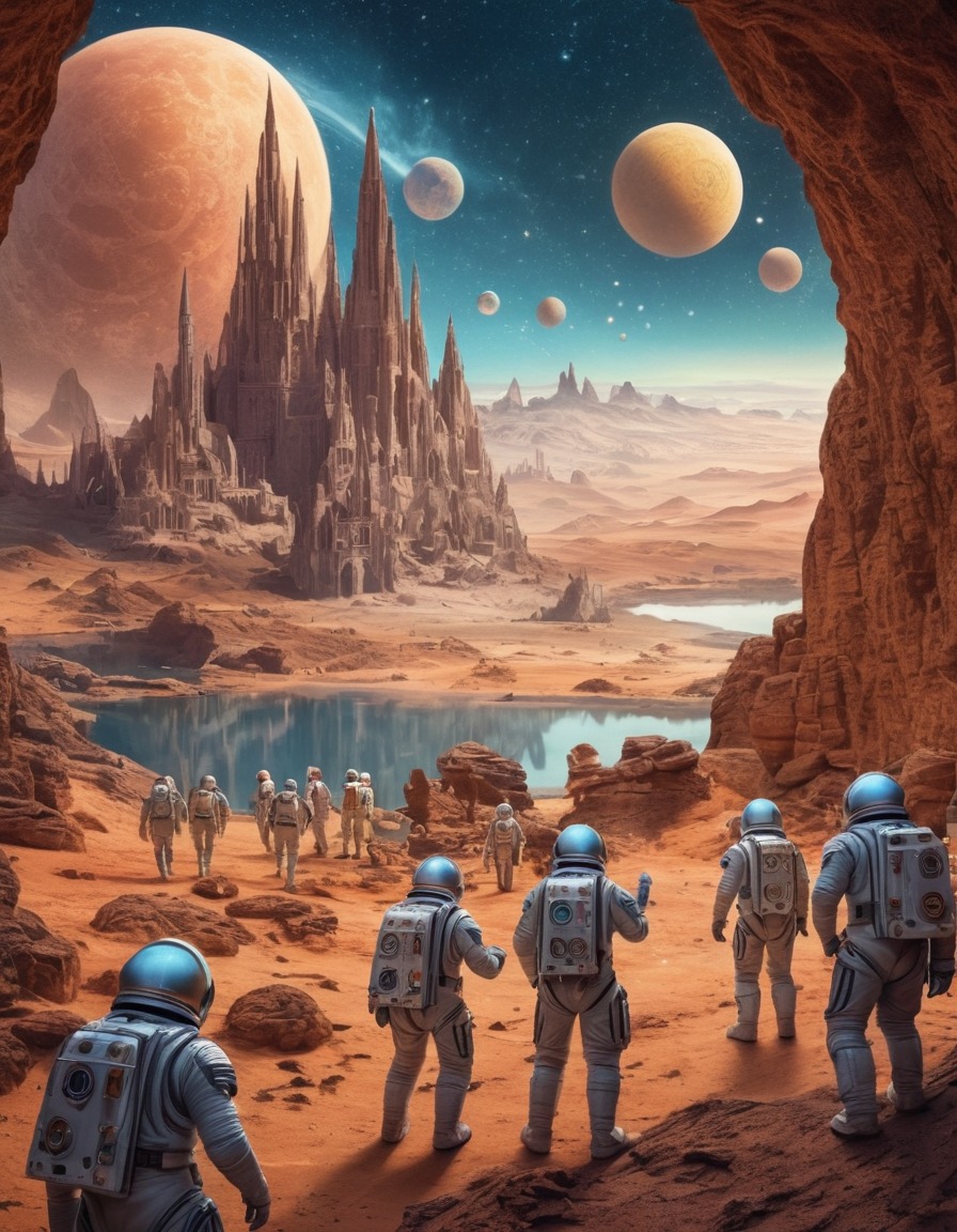 exploration, astronauts, alien planet, medieval tapestry, sci-fi, outer space, medieval, art