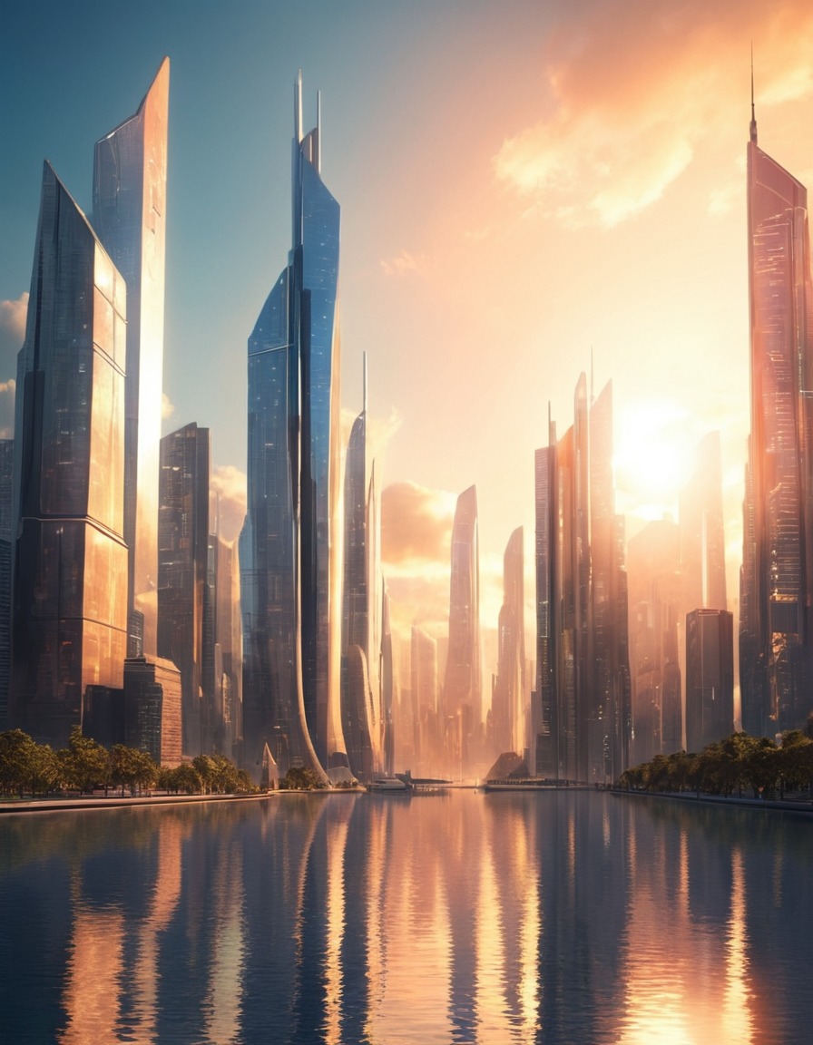 futuristic, cityscape, skyscrapers, geometric, sun rays, architecture