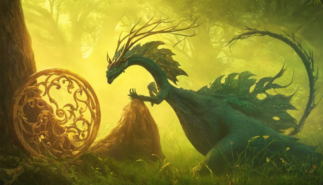 dragon, digitalart, forest, background, commission, cute, detailed, fantasy, feral, frenchhorn, green, happy, illustration, music, noodle, scenery, serpent, wholesome, french_horn