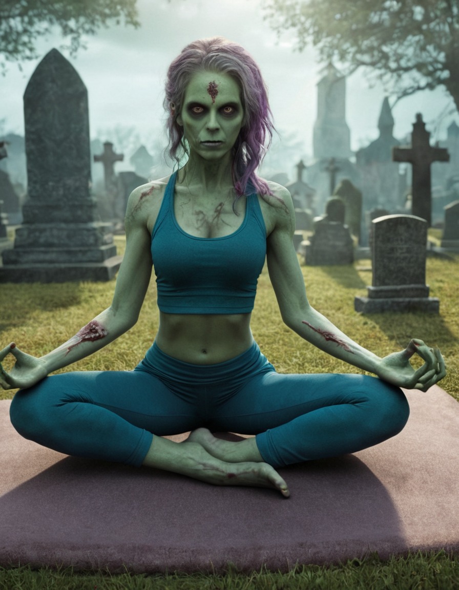 zombie, yoga, graveyard, strange, undead, meditation, humor