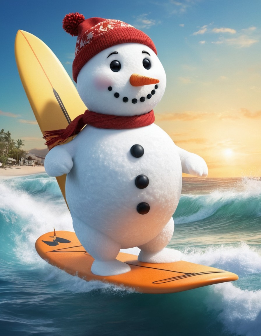 snowman, surfing, ocean, unusual, water sports, winter, nature