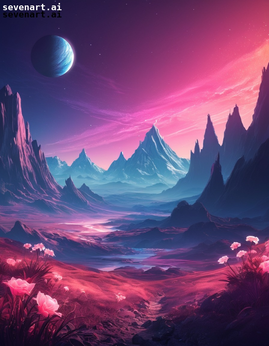 surreal, landscape, distant planet, towering mountains, glowing flora, space, stars