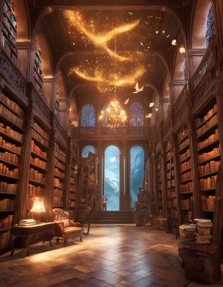 magical library, flying books, self-reading books, enchanted library, fantasy scene