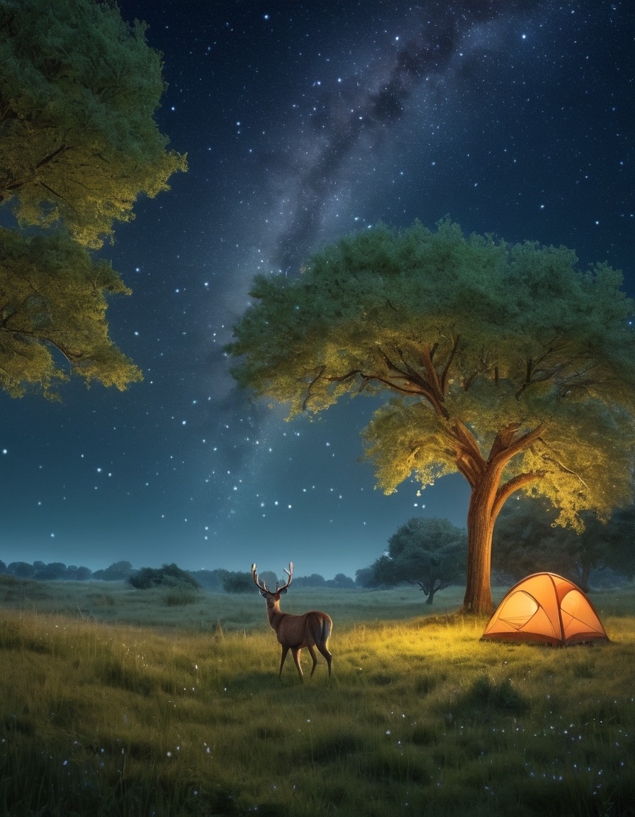 meadow, deer, stars, nature