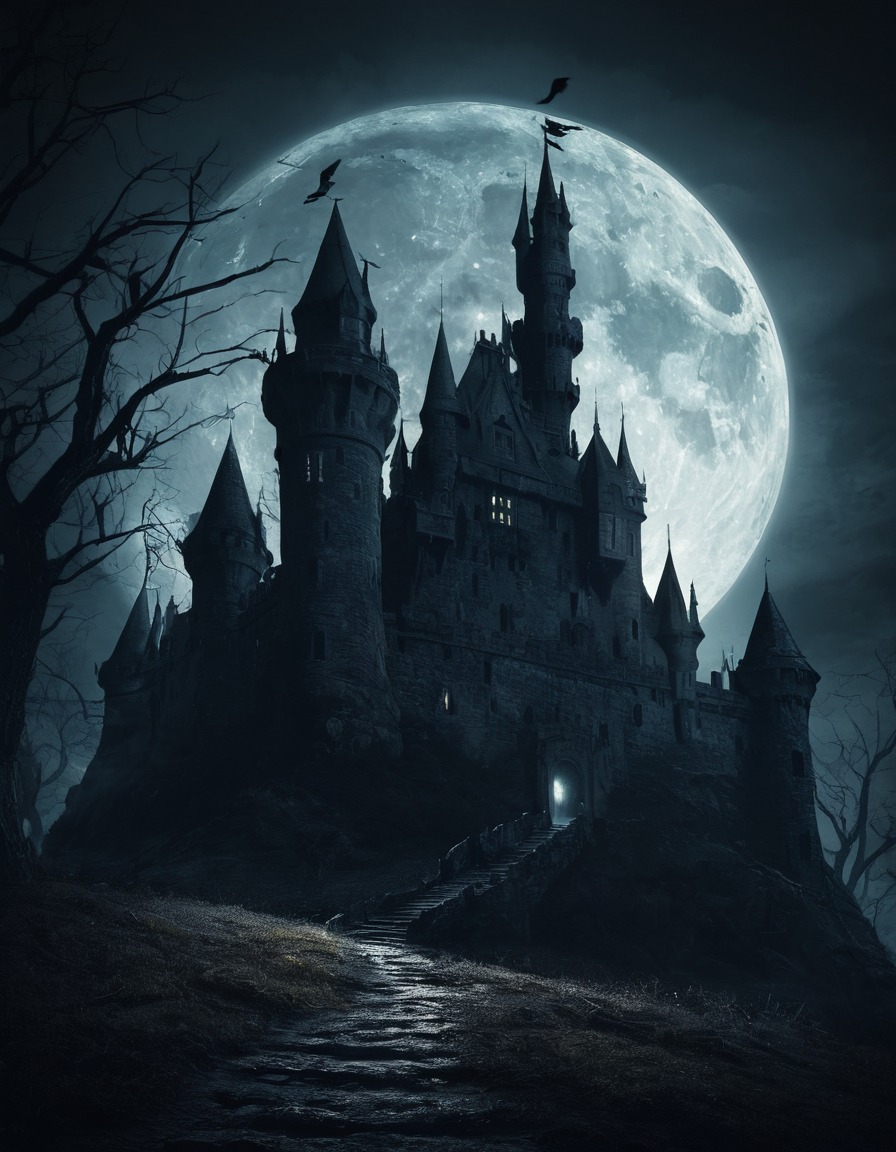 haunted, castle, silhouette, moonlight, spooky, gothic, underground, dark