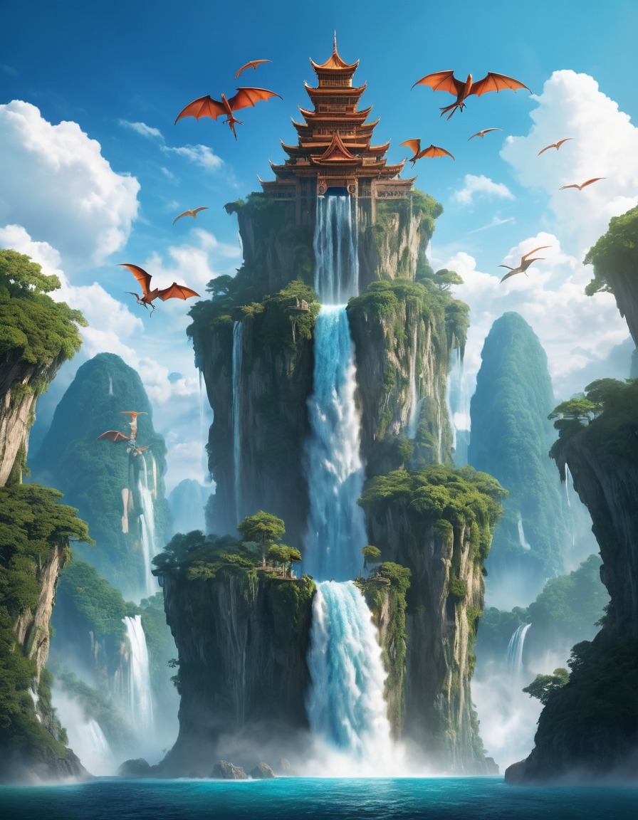 waterfall, floating island, dragons, fantasy, nature, fantastic