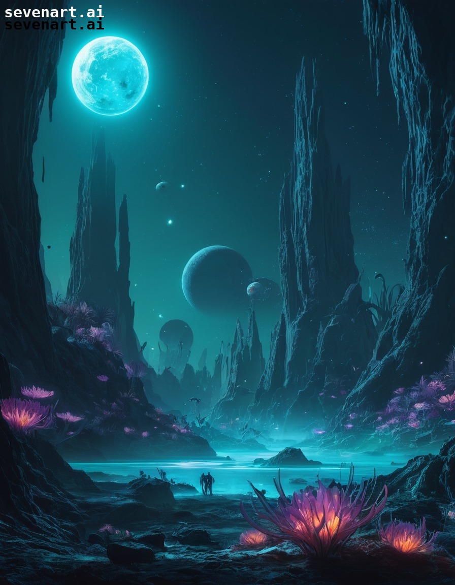 alien, planet, bioluminescent, flora, glowing, space, stars