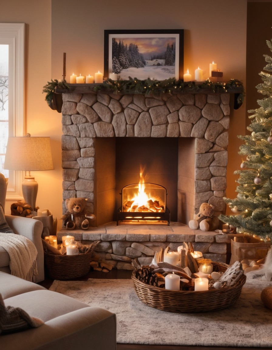 fireplace, family, photos, blankets, cozy, living room, home, interior