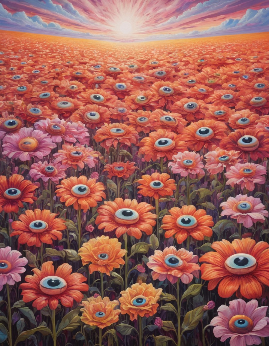 flowers, oversized, eyes, field, fantasy, surreal